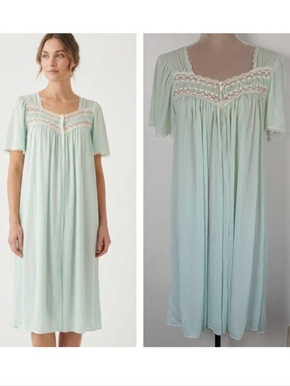 Vtg Miss Elaine Mint Green & Aqua Blue Ombre Silk Essence Lace Trim Nightgown S